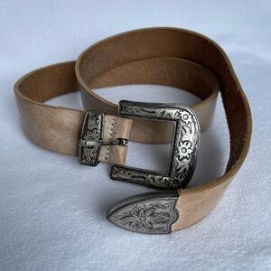 BRAVE LEATHER Women's Tan Belt with Silver Buckle, Size 32